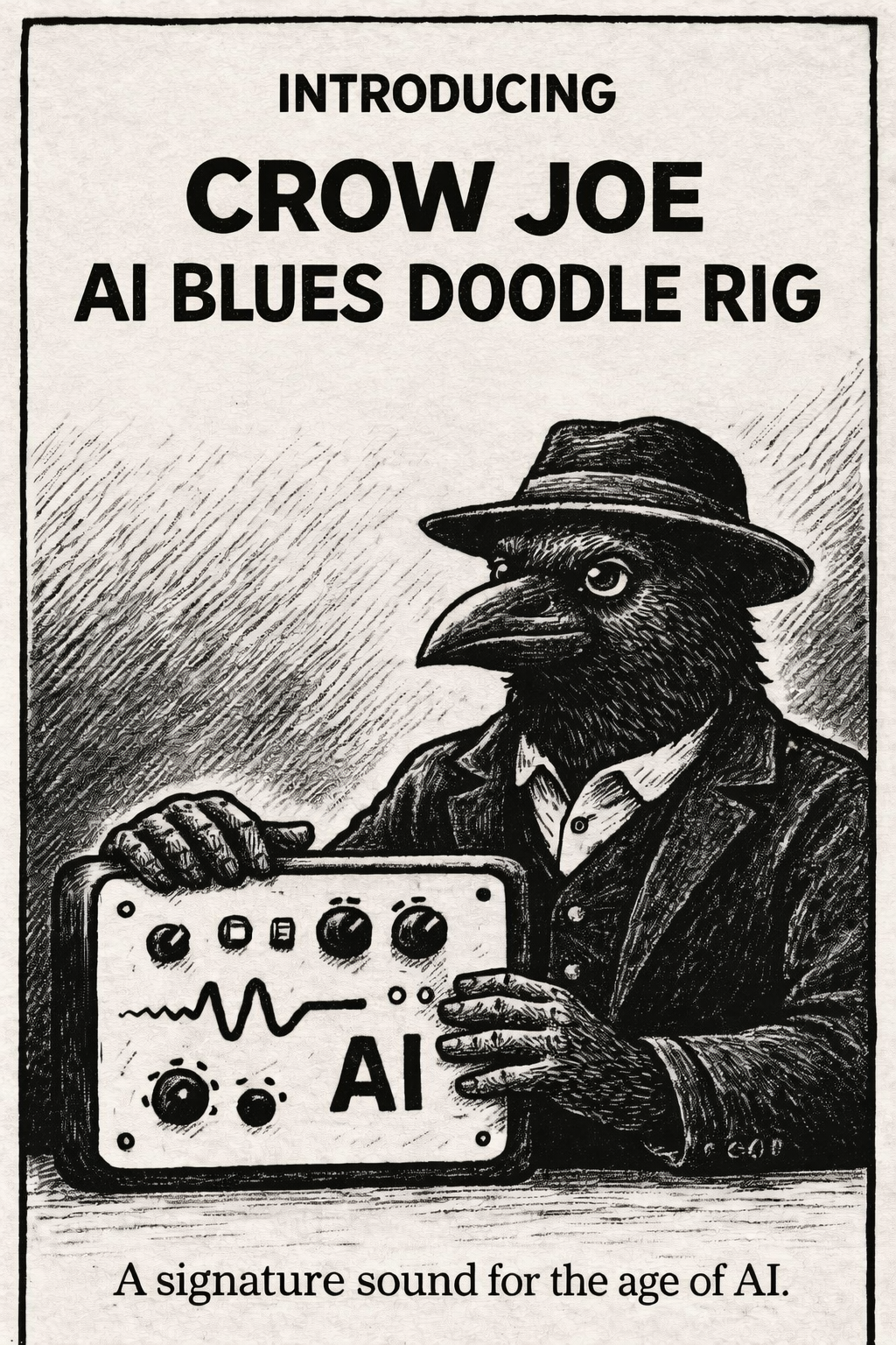 crow joe in the age of ai comic - crow joe the blues playing crow is posing with a box that looks like a guitar amp electronics test equipment box that says ai on it.  the comic is framed like an ad endorsement for a new type of guitar pedal.  the text reads 'introducing crow joe ai blues doodle rig - a signature sound for the age of ai'  crow joe in the age of ai comic is made in collaboration with ai tools.  there is meta irony to this joke.